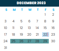 District School Academic Calendar for Early College High School for December 2023