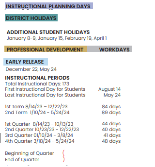 District School Academic Calendar Legend for Bowie Elementary