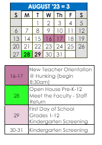 District School Academic Calendar for Caleb Dustin Hunking for August 2023