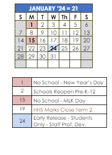 District School Academic Calendar for Caleb Dustin Hunking for January 2024