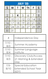 District School Academic Calendar for Caleb Dustin Hunking for July 2023