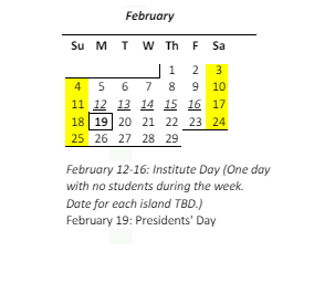 District School Academic Calendar for Helemano Elementary School for February 2024