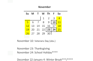 District School Academic Calendar for Waianae Elementary School for November 2023