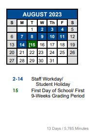 District School Academic Calendar for Science Hall Elementary School for August 2023