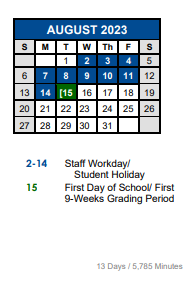 District School Academic Calendar for Susie Fuentes Elementary School for August 2023