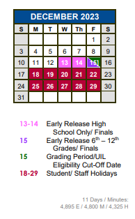 District School Academic Calendar for Hays Co Juvenile Justice Alt Ed Pr for December 2023