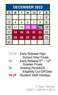 District School Academic Calendar for Blanco Vista Elementary for December 2023