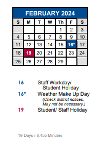 District School Academic Calendar for Hays Co Juvenile Justice Alt Ed Pr for February 2024