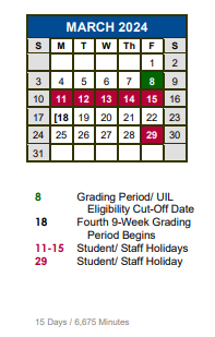 District School Academic Calendar for Science Hall Elementary School for March 2024
