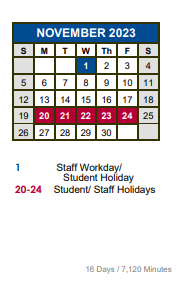 District School Academic Calendar for Negley Elementary School for November 2023