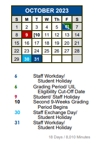 District School Academic Calendar for New El #6 for October 2023