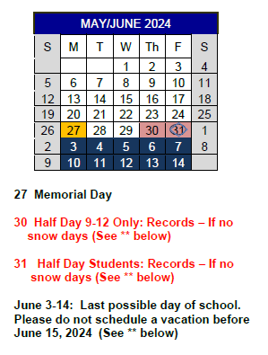 District School Academic Calendar for Kirby Middle for June 2024