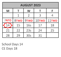 District School Academic Calendar for Mcsweeny Elementary School for August 2023