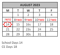 District School Academic Calendar for Ramona Elementary for August 2023