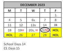 District School Academic Calendar for Hemet ED. Learning CTR. (community Day) for December 2023