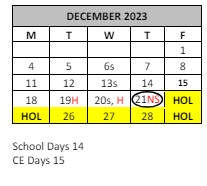 District School Academic Calendar for Family Learning Tree Center for December 2023