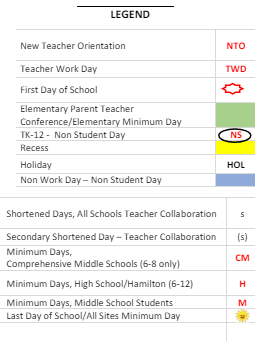 District School Academic Calendar Legend for Acacia Middle