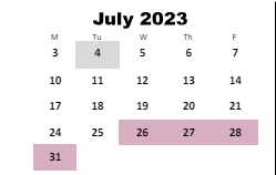 District School Academic Calendar for Pate's Creek Elementary School for July 2023