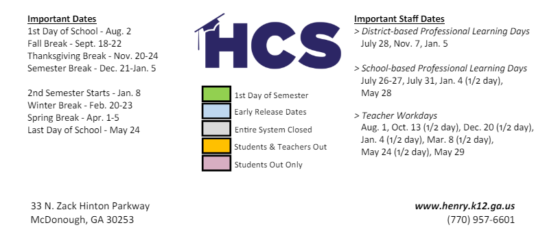 District School Academic Calendar Key for Henry County Middle School