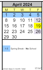 District School Academic Calendar for Arts & Academics Academy for April 2024