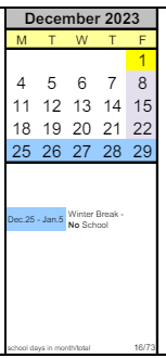 District School Academic Calendar for Arts & Academics Academy for December 2023