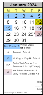 District School Academic Calendar for Arts & Academics Academy for January 2024