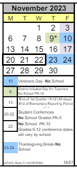 District School Academic Calendar for Arts & Academics Academy for November 2023