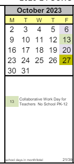 District School Academic Calendar for Arts & Academics Academy for October 2023