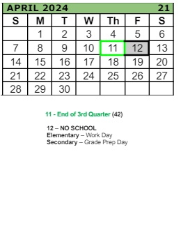 District School Academic Calendar for Imlay Elementary School for April 2024