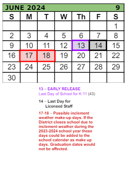 District School Academic Calendar for Imlay Elementary School for June 2024