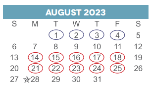 District School Academic Calendar for Pin Oak Middle School for August 2023