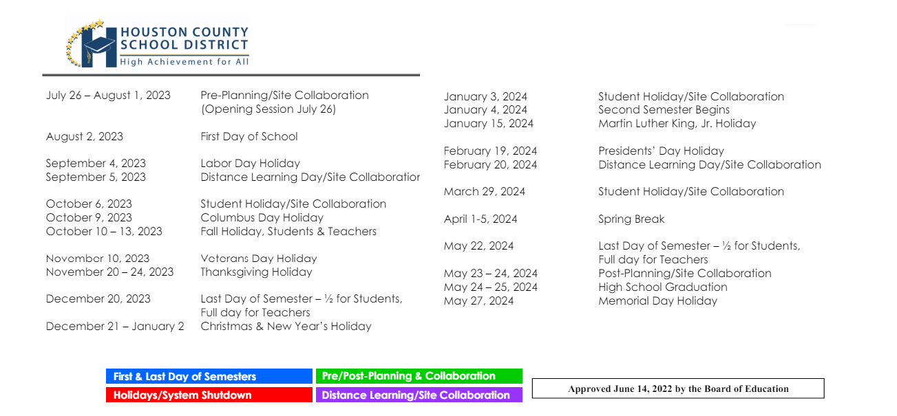 District School Academic Calendar Key for Houston County Career And Technology Center
