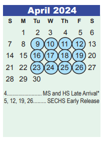 District School Academic Calendar for Timberwood Middle for April 2024