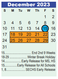 District School Academic Calendar for Humble Middle for December 2023