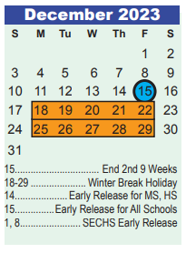 District School Academic Calendar for Whispering Pines Elementary for December 2023