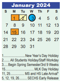District School Academic Calendar for Early Learning Wing for January 2024
