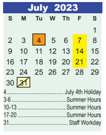 District School Academic Calendar for Early Learning Wing for July 2023