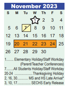 District School Academic Calendar for Oaks Elementary for November 2023