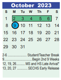 District School Academic Calendar for Early Learning Wing for October 2023