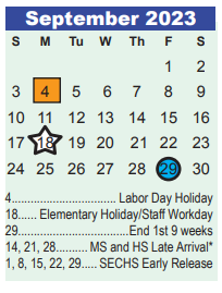 District School Academic Calendar for Humble Elementary for September 2023