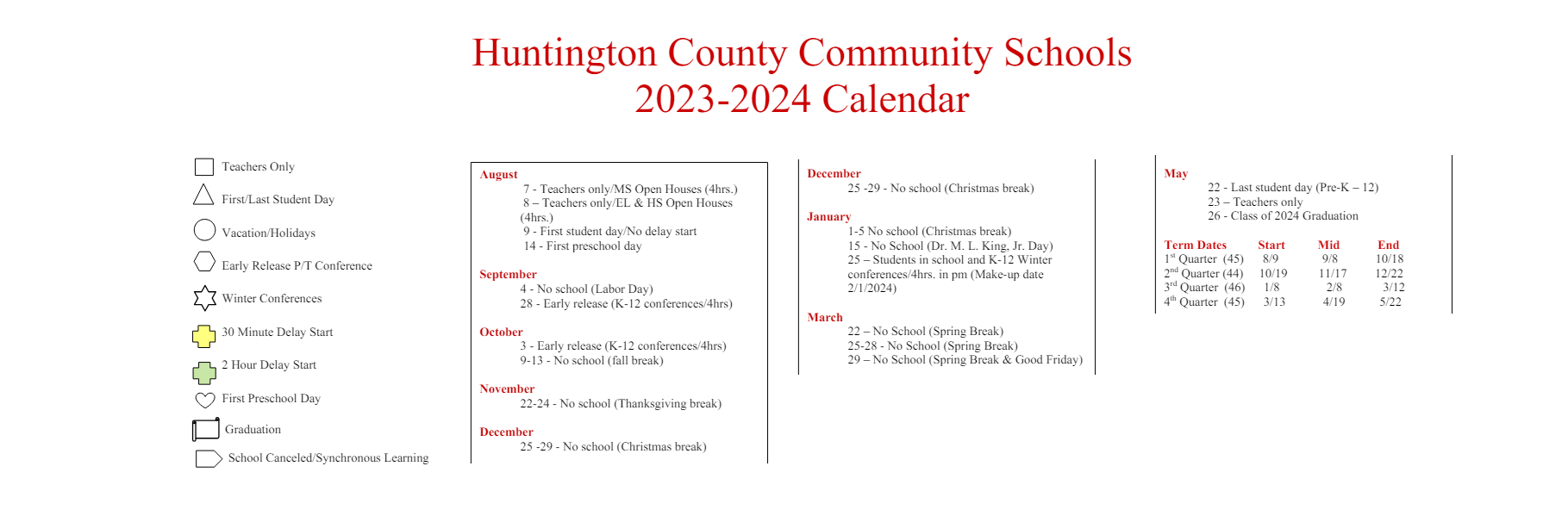 District School Academic Calendar Key for Flint Springs Elementary