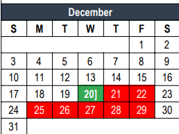 District School Academic Calendar for Transition Program for December 2023