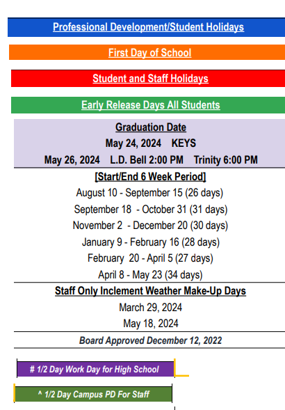District School Academic Calendar Legend for Euless J H