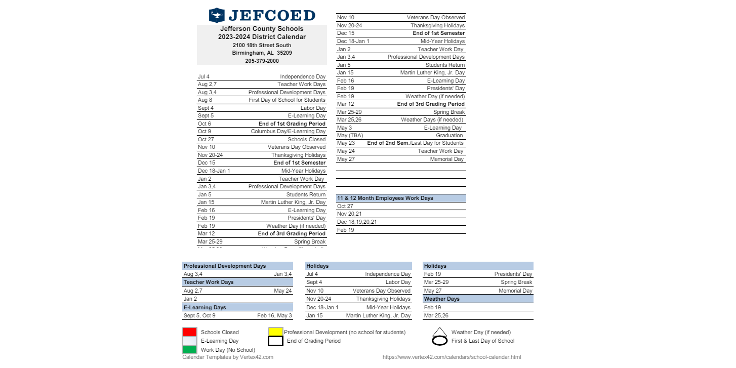 District School Academic Calendar Key for Jefferson County Ibs