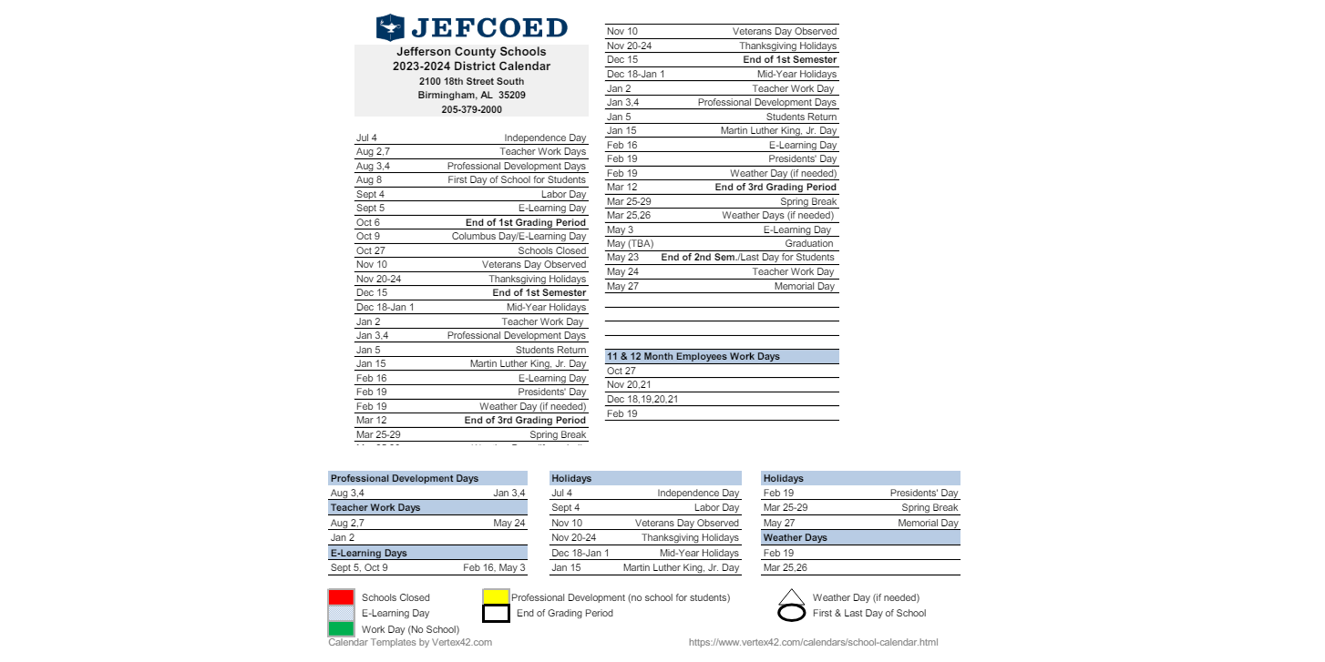 District School Academic Calendar Key for Oak Grove High School