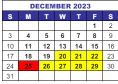 District School Academic Calendar for Interventions Transitional Programs for December 2023