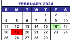 District School Academic Calendar for Interventions Transitional Programs for February 2024