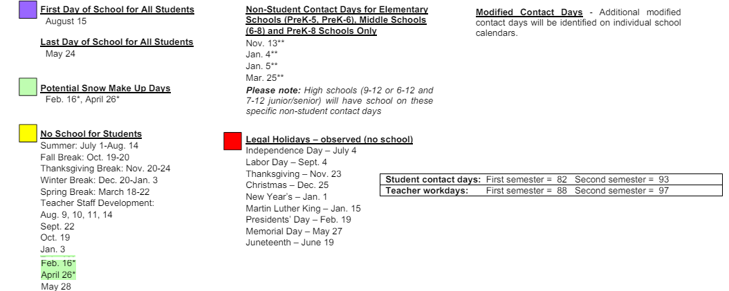 District School Academic Calendar Key for Interventions Transitional Programs