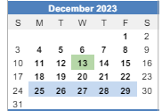 District School Academic Calendar for Reach And Teach for December 2023