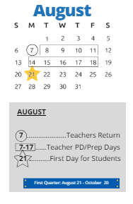 District School Academic Calendar for Wm A White Elem for August 2023